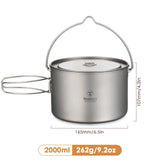 TOMSHOO Titanium 750ml/900ml/1100ml/1600ml/2000ml/2800ml Ultralight Hanging Pot with Lid and Foldable Handle Outdoor Cooking
