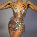 Spicy Girl Sexy Fashion Hanging Neck Mesh Elastic Female Song Walk Show Shining Diamond Latin Dance Short Skirt Temperament Slim Fit