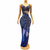 Sexy suspender with sparkling diamond print, fashionable slit, slim fit, stage host dress