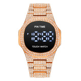 PINTIME Men Watch Digite Wristwatch LED Display Dial Waterproof Stainless Steel Strap Luxury Diamond Montre Homme Relogio  Gold