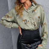 Printed Long Temperament Commute Purple White Green Long-sleeved Lapel Single Breasted Pullover Shirt