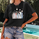 Summer New Book Flower T-shirt Cute Fashion Round Neck Pullover