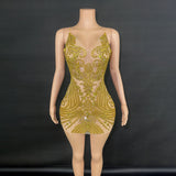 Host's temperament formal with waist cinched suspender for slimming effect, mesh perspective full diamond sexy zipper dress