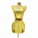Sexy temperament, personalized short skirt set, lens design, standing shoulder sleeves, sexy deep V-shaped buttocks, party dress