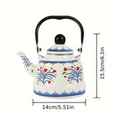1pc 1.1L Enamel Hot Kettle, Household Enamel Geometric Printed Flower Green Dot Flower Ancient Bell Kettle Boiling Kettle