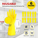 6 Pairs Dishwashing Gloves,Rubber Gloves, Yellow Flock Lined Heavy Duty Kitchen Gloves