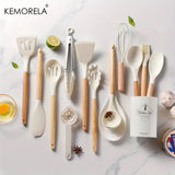 14pcs Silicone Utensil Set - Non-Stick Cooking Utensils With Wooden Handle & Storage Bucket