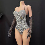 Hanging neck, suspender, spicy girl, black high-end stage show, tight fitting, slimming, full diamond lens design, gloves, nightclub dress