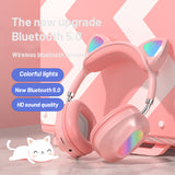 Wireless Headphones Cat Ear with Mic Bluetooth 5.0 Glow Light Headset Stereo Bass for Children Girl PC Phone Gaming Headsets