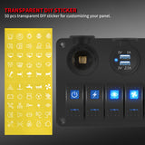 Waterproof Car Rocker Panel 6 Gang Toggle Switch 12 Volt Blue LED Lights USB Cigarette Lighter Socket Voltmeter