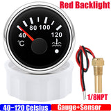 40~120 Celsius 52mm Temperature Gauge+Sensor with Flash Alarm Waterproof Red Light Water Temp Meter for Car Boat 12V 24V