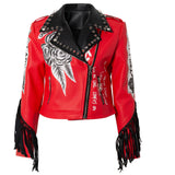 Zip Print Red Leather Cropped Slim Fit