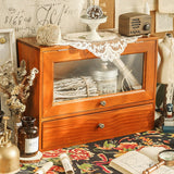 Retro Desktop Dresser Cosmetic Rack Dust-Proof Flip Antique Cabinet Tea Set Wooden Box Storage Closet