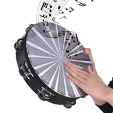 8 Inch Wooden Radiant Tambourine Handbell Hand with Double Row Jingles Reflective Drum Head Musical Percussion Instrument