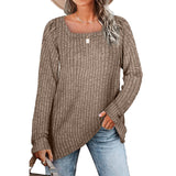 Square Collar Hollow Striped Brushed Casual Long Sleeve