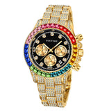 PINTIME Watch for Men Colored Diamond Watches Fashion Hip Hop Iced Out Quartz Wristwatch Waterproof Luminous Luxury Reloj Hombre