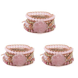3X Natural Stone Bracelet Pink Quartz Leather Wrap Bracelets for Women Rose Gems Crystal Beads Jewel