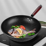 30/32/34cm Non-stick Iron Cooking Pots Pans Cookware Flat Bottom Wok with Wood Handle Kitchen Cooking Pot for Gas Induction