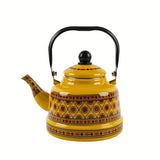 1pc 1.1L Enamel Hot Kettle, Household Enamel Geometric Printed Flower Green Dot Flower Ancient Bell Kettle Boiling Kettle