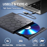 External CD/DVD Drive Player, 7 In 1 USB 3.0 CD/DVD-ROM +/-RW CD Burner For Laptop Desktop M-a-c,Windows 11/10/8/7 ux