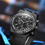 PINTIME Watch for Men Waterproof 30m Fashion Quartz Wristwatch Diamond Iced Bezel Sports Silicone Strap Chronograph Reloj Hombre