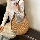 Women Straw Woven Half Moon Weaving Shoulder Bag Large Capacity Tote Clutch Bags Zipper Closure for Outdoor Travel