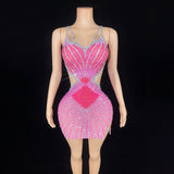 Novas 2024 Summer New Diamond Strap Open Back Sexy Bag Hip Side Split Pink Short Evening Dress