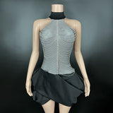 Host's Elegant with Waist Wrapped and Neck Hanging to Show Slim Chain Sexy Short Dress