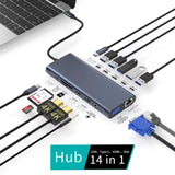 12 13 14 in 1 Docking Station USB3.0 Hub with Dual HDMI SD TF USB 3.1 USB-C 10GB PD 100W VGA RJ45 3.5mm Audio