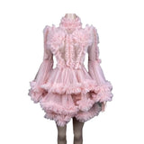 Pink Mesh Bubble Sleeves Princess Evening Party Dress Girl Cute Daily Short Skirt