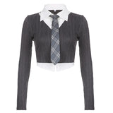 Color Contrast Short Fashion Long Sleeve Girls' College Style Fake Two-piece Tie Shirt