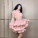Pink Mesh Bubble Sleeves Princess Evening Party Dress Girl Cute Daily Short Skirt