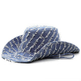 Western Denim Cowboy Cowgirl Hat Wide Brim Cowboy Hat with Wind Lanyard for Western Party Dress Up
