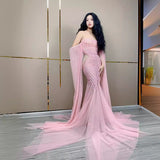 Pink Pearl Tail Long Design Feeling Wrapped Hip Fishtail Luxury Princess Celebrity Banquet Dress