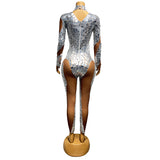 Skin tone perspective jumpsuit with reflective lens patchwork mesh high waisted zipper slim fit sports runway suit
