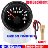 40~120 Celsius 52mm Temperature Gauge+Sensor with Flash Alarm Waterproof Red Light Water Temp Meter for Car Boat 12V 24V