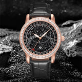 PINTIME Top Brand Watch Men's Black Leather Strap Starry Sky Dial Moon Pointer Fashion Quartz Wristwatch Casuals Luminous Reloj