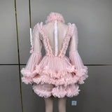 Pink Mesh Bubble Sleeves Princess Evening Party Dress Girl Cute Daily Short Skirt