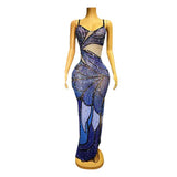 Sexy suspender with sparkling diamond print, fashionable slit, slim fit, stage host dress