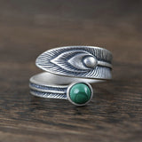 S925 Sterling Silver Retro Malachite Feather Ring Open Stacking Rings Couple Models Open Gem Ring Women/Men Jewelry Accessories