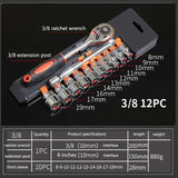12 Piece Repair Tool Set 1/4 3/8 1/2 Quick Ratchet Hexagonal Automotive Maintenance Socket Wrench Tools