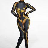 Special selling female star matching tight clothing with sexy slim fitting gloves design, gold gradient jumpsuit