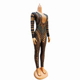 2024 autumn new contrasting color patchwork mesh perspective small V-neck zipper slim fit long sleeved diamond inlaid jumpsuit