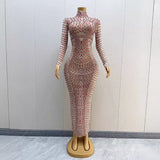Novas New Hot Selling Female Singer Hosted by Long sleeved Small Diamond Sparkling Pattern Sexy Mesh Perspective