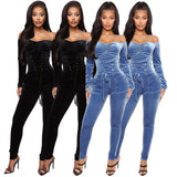 Velvet Off-shoulder Corns Tied Slim Fit Jumpsuit