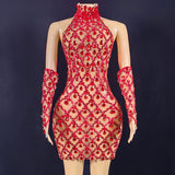 Novas new sky blue checkered diamond mesh fabric round neck sleeveless backless mini short dress