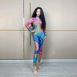 Colorful splicing, personalized street style, fashionable sexy jumpsuit, long sleeved and tight fitting