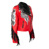 Zip Print Red Leather Cropped Slim Fit