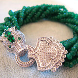 Micropaved Zircon Leopard Head Green Onyx Pearl Multi-Ring Bracelet