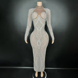 Sparkling Diamond Pearl Design Sensory Pattern Sexy Perspective Skirt Style Long sleeved Singer Stage Dress
